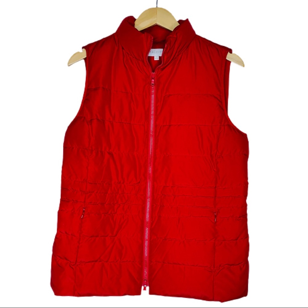 Talbots Down Filled Puffer Vest Red Zip Front Mock Neck Elastic Back Small